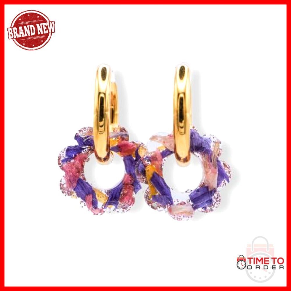14mm Gold Hoop Earrings with Real Pressed Flower Petals, Handmade